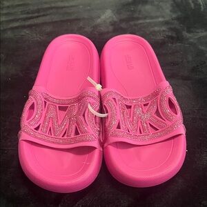 Michael Kors Hot Pink Embellished Logo Slide Sandals